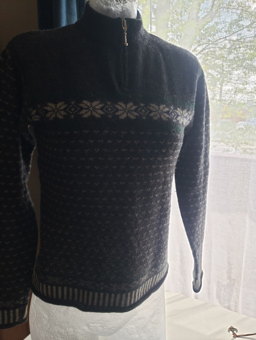 Hang Ten Black Wool Nordic Half-Zip Sweater with Cream Accents